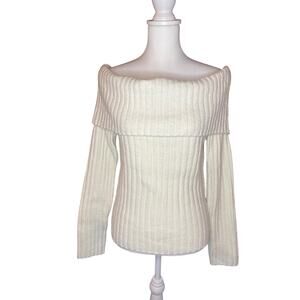 Fold Over Off The Shoulder Rib-Knit Sweater Cream Size Medium - Pink Rose